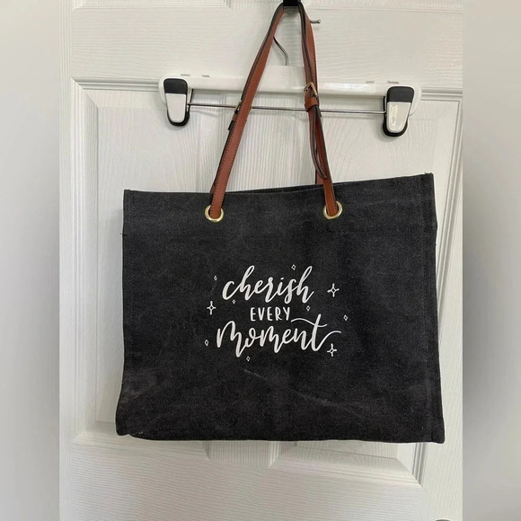 Most Wanted Charcoal gray black canvas tote bag "Cherish Every Moment" - Picture 1 of 4